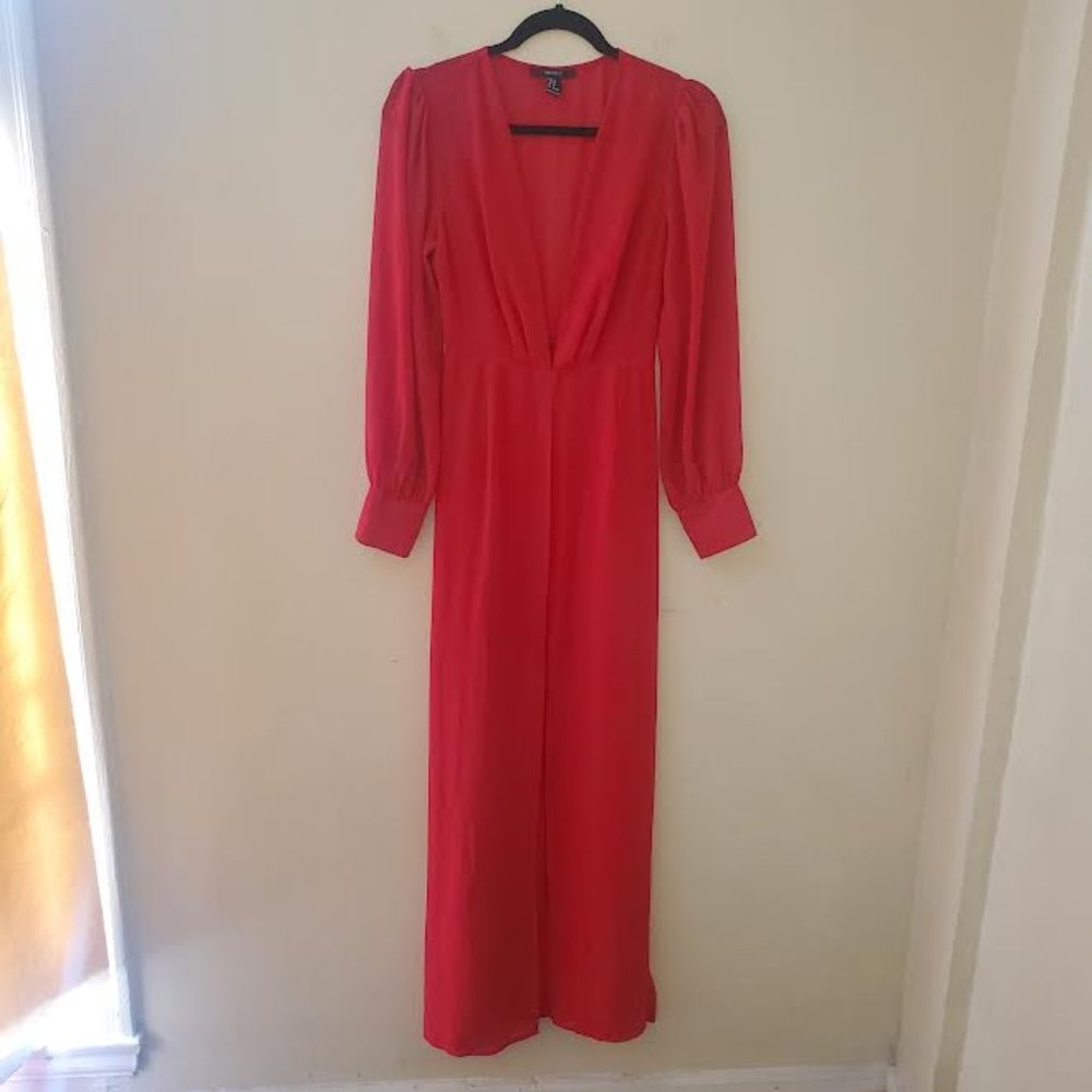 Forever 21 -  Red Puff Long Sleeves V-Neck Sheer Slit Dress Sz M